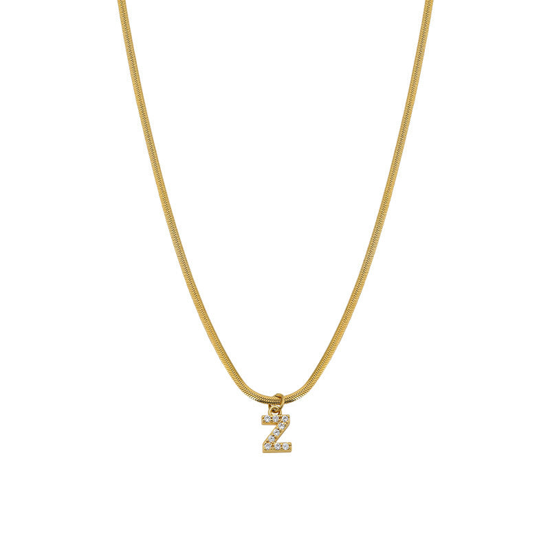 Wholesale French Retro Palace Style Flat Snake Bone Stacking Diamond 26 Letter Titanium Steel Clavicle Chain Necklace